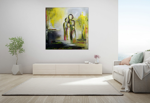 Family Quartett Gelb abstrakte Figuren Wohnzimmerbild Malerei Acrylbilder Gemaelde 100x100x2 21-03 det3