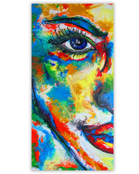 Laura Halbes Porträt Malerei Gesichtshälfte abstrakt gemalt Fluid Art Pouring Gemälde 50x100 2402-2
