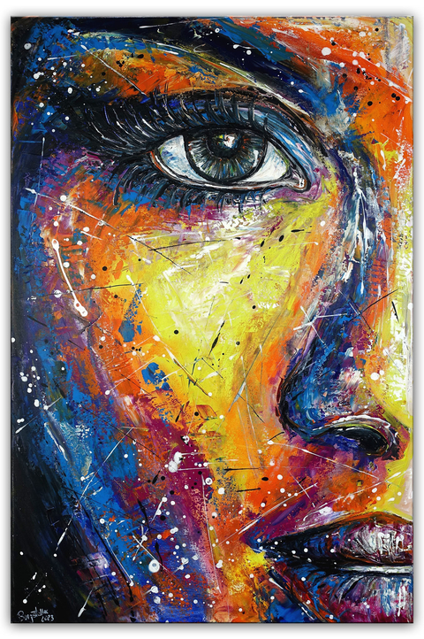 Im Visier Acrylbild moderne Portr auml tmalerei halbes Gesicht handgemalt bunt 65x100cm