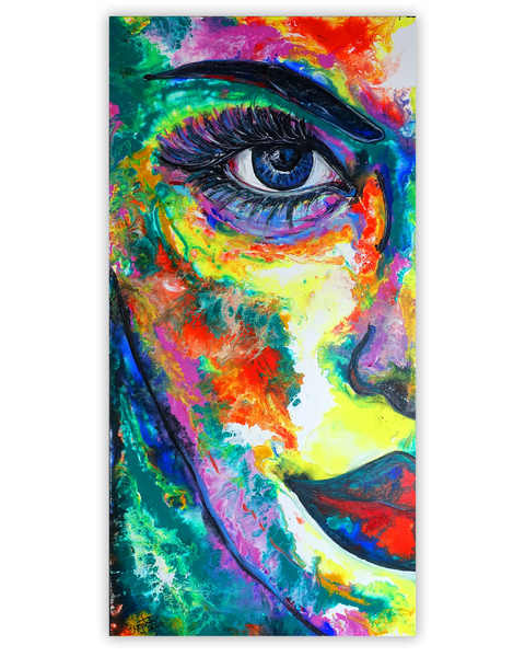 Lola Halbes Gesicht Porträt abstrakte Kunst Fluid Art Acrylbild Leinwand 50x100 2402