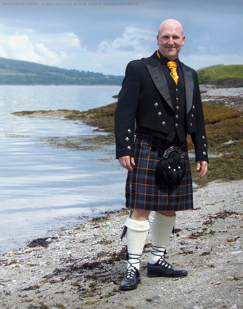Steven Patrick Sim wearing North Sea Oil Tartan